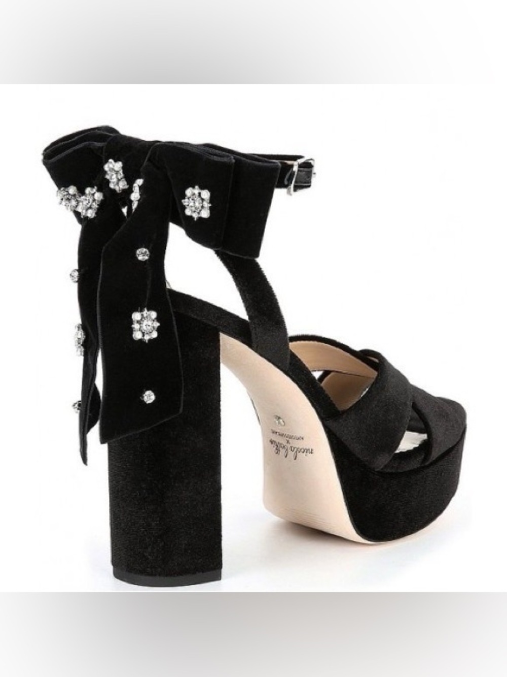 Antonio Melani Black Velvet Platform Heel Sandals with Embellished Bow